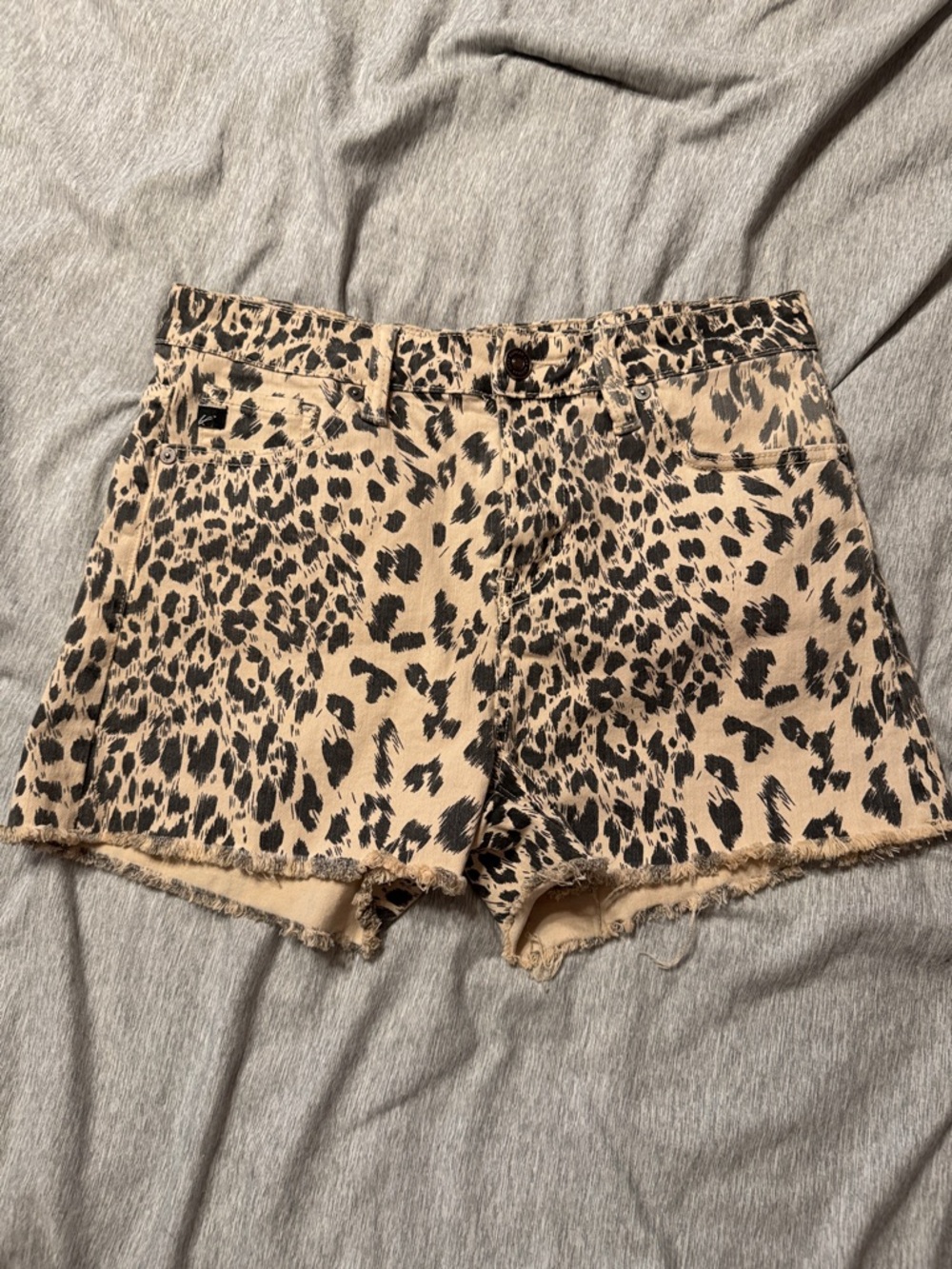 KanCan Beige and Black Leopard Print Denim Shorts